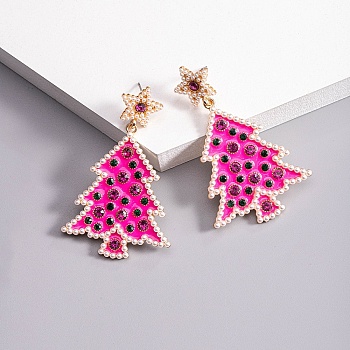 Christmas Trees with Star Alloy Dangle Stud Earrings for Women, with 316 Surgical Stainless Steel Pins & Plastic & Acrylic, Pink, 58x38mm