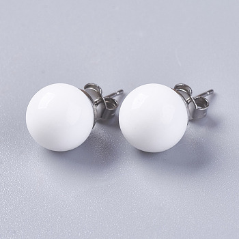 Shell Pearl Ball Stud Earrings, with 304 Stainless Steel Findings, White, 20x10mm, Pin: about 0.6mm