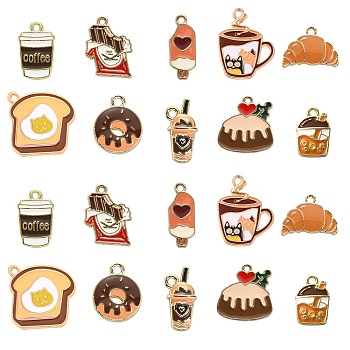 50Pcs 10 Styles Alloy Enamel Pendants, Light Gold, Dessert with Coffee Elements Charms, Coconut Brown, 12~23x8.5~20.5x1~2mm, Hole: 1.5~2mm, 5pcs/style