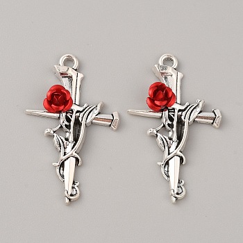 Tibetan Style Alloy Pendants, Cross with Rose Charm, Antique Silver, 38x23x5.5mm, Hole: 2mm