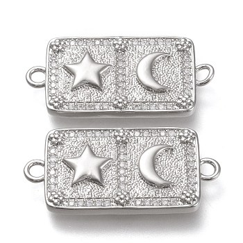 Brass Micro Pave Cubic Zirconia Links Connectors, Rectangle with Star & Moon, Clear, Real Platinum Plated, 31.5x15x3mm, Hole: 2mm