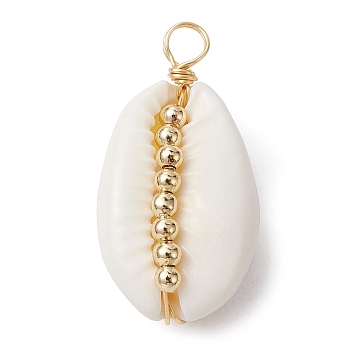 Natural Cowrie Shell Copper Wire Wrapped Pendants, Shell Charms with Golden Tone Brass Spacer Beads, White, 25.5x13.5x8mm, Hole: 2.8mm