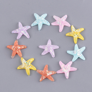 Resin Cabochons, with Shell Chip, Starfish/Sea Stars, Mixed Color, 24x25.5x5mm
