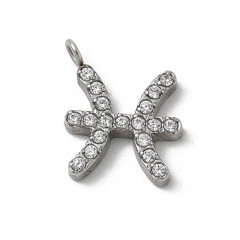 304 Stainless Steel Micro Pave Cubic Zirconia Charms, Constellation, Pisces, 11.5x9.5x2mm, Hole: 1.8mm