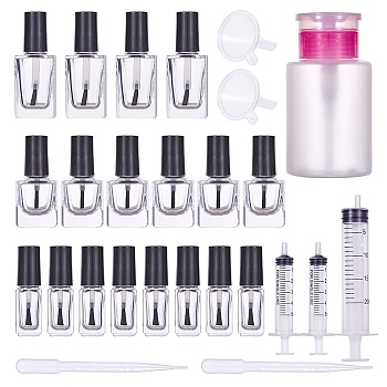 Manicure Tool Set, with Glass Nail Polish Empty Bottle, Syringe, Plastic Funnel Hopper, Eye Dropper, Empty Plastic Press Pump, 304 Stainless Steel Beads, Clear