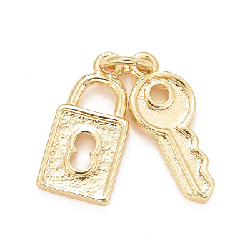 Eco-Friendly Brass Pendants, with Jump Ring, Long-Lasting Plated, Lead Free & Cadmium Free, Lock and Key, Real 24K Gold Plated, 14x7x1.5mm, Jump Ring: 5x1mm, 3mm inner diameter