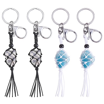 4Pcs  2 Colors Macrame Fringe Braided Keychain, Black Glass Bead Tassel Charm Key Ring for Handbag, Car Decoration, Black, White, 17.5cm, 2pcs/color