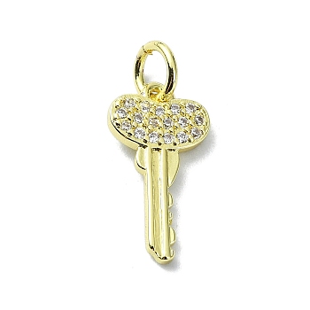 Brass Micro Pave Claer Cubic Zirconia Charms, with Jump Ring, Real 18K Gold Plated, Key, 15.5x8x1.5mm, Hole: 3mm