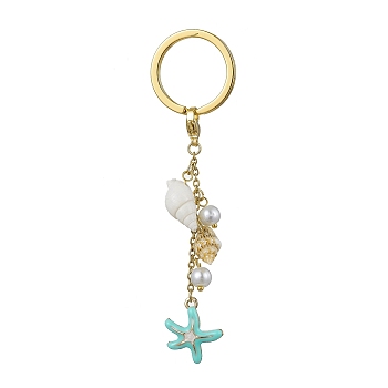 Alloy Enamel & Spiral Shell Pendant Keychains, with Glass Pearl and Iron Split Key Rings, Starfish, 9.6cm