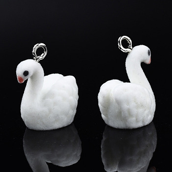 Flocky Resin Pendants, with Platinum Plated Iron Loops, Swan, White, 25x21x15mm, Hole: 2.5mm