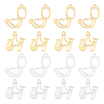 DICOSMETIC 16Pcs 4 Style 201 Stainless Steel Charms, Laser Cut, Medical Items & Stethoscope, Golden & Stainless Steel Color, 4pcs/style