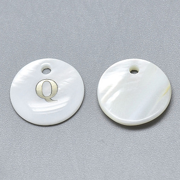 Natural White Shell Mother of Pearl Shell Charms, with Iron Sticker, Flat Round with Letter, Letter.Q, 13x2mm, Hole: 1.5mm