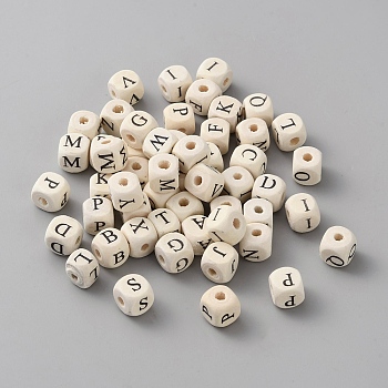 Printed Wooden Beads, Cube with Letter, Antique White, 10.5x10.5x10.5mm, Hole: 3.5mm, about 462pcs/250g