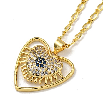 Brass Pave Clear & Blue Cubic Zirconia Peach Heart Pendant Necklaces for Women, Real 18K Gold Plated, Heart, 17.32 inch(44cm)