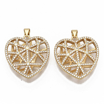 Brass Micro Pave Cubic Zirconia Pendants, Nickel Free, Hollow, Heart, Clear, Real 16K Gold Plated, 26.5x25.5x7mm, Hole: 3.5x4mm