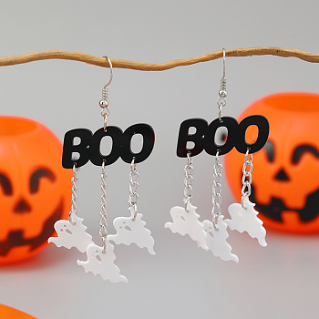 Funny Asymmetrical Letter Cloud Halloween Ghost Acrylic Dangle Earrings, Platinum, White