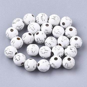 Plating Acrylic Beads, Silver Metal Enlaced, Round with Cross, White, 8mm, Hole: 2mm