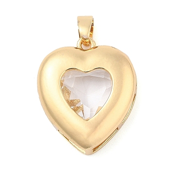 Rack Plating Brass Pendants, Glass Charms, Long-Lasting Plated, Cadmium Free & Lead Free, Real 18K Gold Plated, Heart, Clear, 23.5x20x6mm, Hole: 3x5.5mm