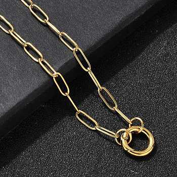 304 Stainless Steel Ring Pendant Paperclip Chain Necklaces for Women, Ion Plating(IP), Real 18K Gold Plated, 16.69 inch(42.4cm)
