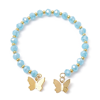 Glass Round Beaded Cuff Bangles, with Golden Brass Butterfly Charms, Light Sky Blue, Inner Diameter: 2-1/8 inch(5.5cm)