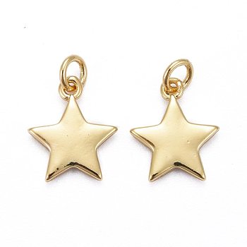 Brass Pendants, Long-Lasting Plated, Star, Real 18K Gold Plated, 11.5x10x1.5mm, Jump Ring: 5x0.7mm, Inner Diameter: 1/8 inch(3.5mm)