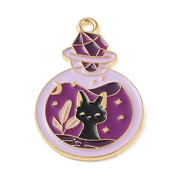 Halloween Alloy Eanaml Pendants, Golden, Magic Cat Charm, Bottle, 30x20x1.5mm, Hole: 2mm