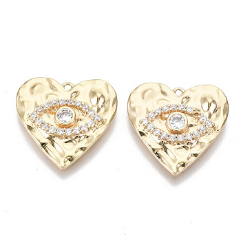 Brass Micro Pave Clear Cubic Zirconia Pendants, Heart with Eye, Nickel Free, Real 18K Gold Plated, 17x17.5x3mm, Hole: 1.4mm
