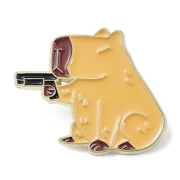 Cute Animal Holding Gun Shape Cartoon Enamel Pin, Golden Zinc Alloy Brooch for Jacket Backpack, Women, Sandy Brown, 26x30.5x1.5mm