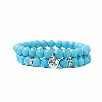 2Pcs 2 Style Synthetic Turquoise Stretch Bracelets Set, Stackable Bracelets with Heart Charms, Round
