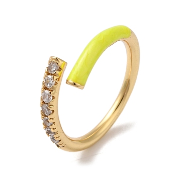 Rack Plating Brass Cubic Zirconia Open Cuff Rings for Women, with Enamel, Cadmium Free & Lead Free, Yellow, Inner Diameter: 17mm