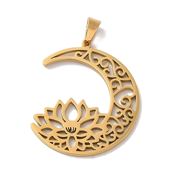 304 Stainless Steel Pendants, Laser Cut, Hollow Moon with Lotus Charm, Real 18K Gold Plated, 29x25x1mm, Hole: 6x3mm