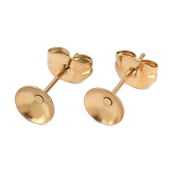304 Stainless Steel Stud Earring Findings, Flat Round, Ion Plating(IP), with Cabochon Settings, Real 18K Gold Plated, 13x6mm, Pin: 0.7x12.7mm