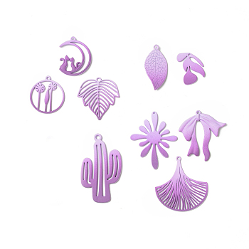 Spray Painted Alloy Charms, Flower & Leaf & Bowknot & Cactus & Moon, Medium Purple, 21~44.5x15~33.5x1~2.5mm, Hole: 1.2~1.5mm, 18pcs/set