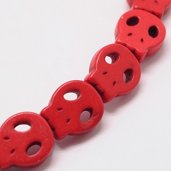 Skull Synthetic Turquoise Beads Strands, Dyed, Red, 28x25x4mm, Hole: 1mm, about 14pcs/strand, 15.7 inch