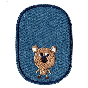 Computerized Embroidery Cloth Iron on/Sew on Patches, Costume Accessories, Oval with Bear, Steel Blue, 11.7x8.2cm