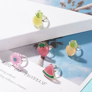 Jelly Color 3D Resin Fruit Adjustable Ring(RJEW-JR00455)-2
