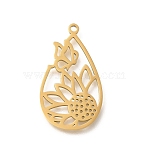 304 Stainless Steel Pendants, Laser Cut, Teardrop with Flower & Butterfly Charm, Real 18K Gold Plated, 28x16x1mm, Hole: 1.5mm(STAS-S144-18)