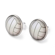 Sport Balls Glass & 304 Stainless Steel Stud Earrings for Women, Stainless Steel Color, Volleyball, 15.5mm(EJEW-H005-01P-07)