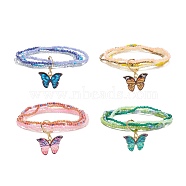 Glass Seed Beads Beaded Multi-strand Bracelets, Alloy Enamel Butterfly Charm Stretch Bracelets for Woman, Golden, Inner Diameter: 1-7/8~2 inch(4.9~5.2cm)(BJEW-JB09072)