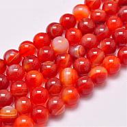 Natural Striped Agate/Banded Agate Bead Strands, Dyed & Heated, Round, Grade A, Orange Red, 8mm, Hole: 1mm, about 48pcs/strand, 15.1 inch(385mm)(G-G962-8mm-14)