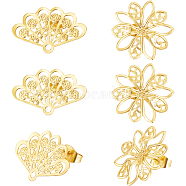 6 Pairs 2 Style Brass Stud Earring Findings, with Ear Nuts & Horizontal Loops, Flower & Fan, Real 18K Gold Plated, 14.5~19.8x19.5~23.7x0.5~0.7mm, Pin: 0.8mm, 3 Pairs/style(KK-BBC0012-14)