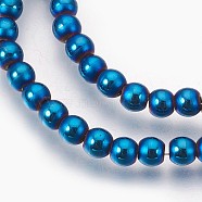 Electroplate Non-Magnetic Synthetic Hematite Beads Strands, Polished, Frosted, Round, Blue Plated, 4mm, Hole: 1mm, about 106pcs/strand, 15.7 inch(40cm)(G-F585-C07-4mm)