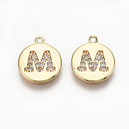 Brass Micro Pave Clear Cubic Zirconia Charms, Nickel Free, Real 18K Gold Plated, Flat Round, Letter.M, 11.5x10x1mm, Hole: 0.9mm(X-KK-N231-233M-NF)