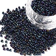 12/0 Glass Seed Beads, Metallic Colours, Round, Round Hole, Prussian Blue, 12/0, 2mm, Hole: 1mm, about 3333pcs/50g, 50g/bag, 18bags/2pounds(SEED-US0003-2mm-604)