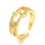 Clear Cubic Zirconia Moon and Star Open Cuff Ring for Women, Cadmium Free & Lead Free, Real 18K Gold Plated, US Size 5 3/4(16.3mm)(ZIRC-P096-10G)