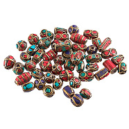 50PCS Mixed Antique Golden Handmade Tibetan Style Beads, Brass with Coral and Turquoise, Antique Golden, 12~25x8~13mm(TIBEB-PH0003-01)