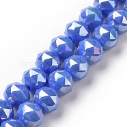 Electroplate Opaque Glass Beads Strands, AB Color Plated, Faceted, Round, Royal Blue, 8x7.5mm, Hole: 1.5mm, about 71~72pcs/strand, 20.87''(53cm)(EGLA-H101-01D)