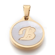 304 Stainless Steel Pendants, with Shell, Flat Round with Alphabet, Golden, Letter.B, 20.5x18x2.5mm, Hole: 7x4mm(STAS-O138-21p-B)