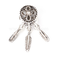 Alloy European Beads, Large Hole Beads, with CCB Plastic Feather Charms, Woven Net/Web with Feather, Antique Silver, 27.5x10.5x9mm, Hole: 5mm, Charm: 15x3.5x1.5mm(PALLOY-O091-01AS)