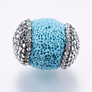 Synthetic & Dyed Lava Rock Beads, with Polymer Clay Rhinestones, Barrel, Sky Blue, 15.5~19.5x13.5~15mm, Hole: 0.5mm(RB-P029-46A-01)